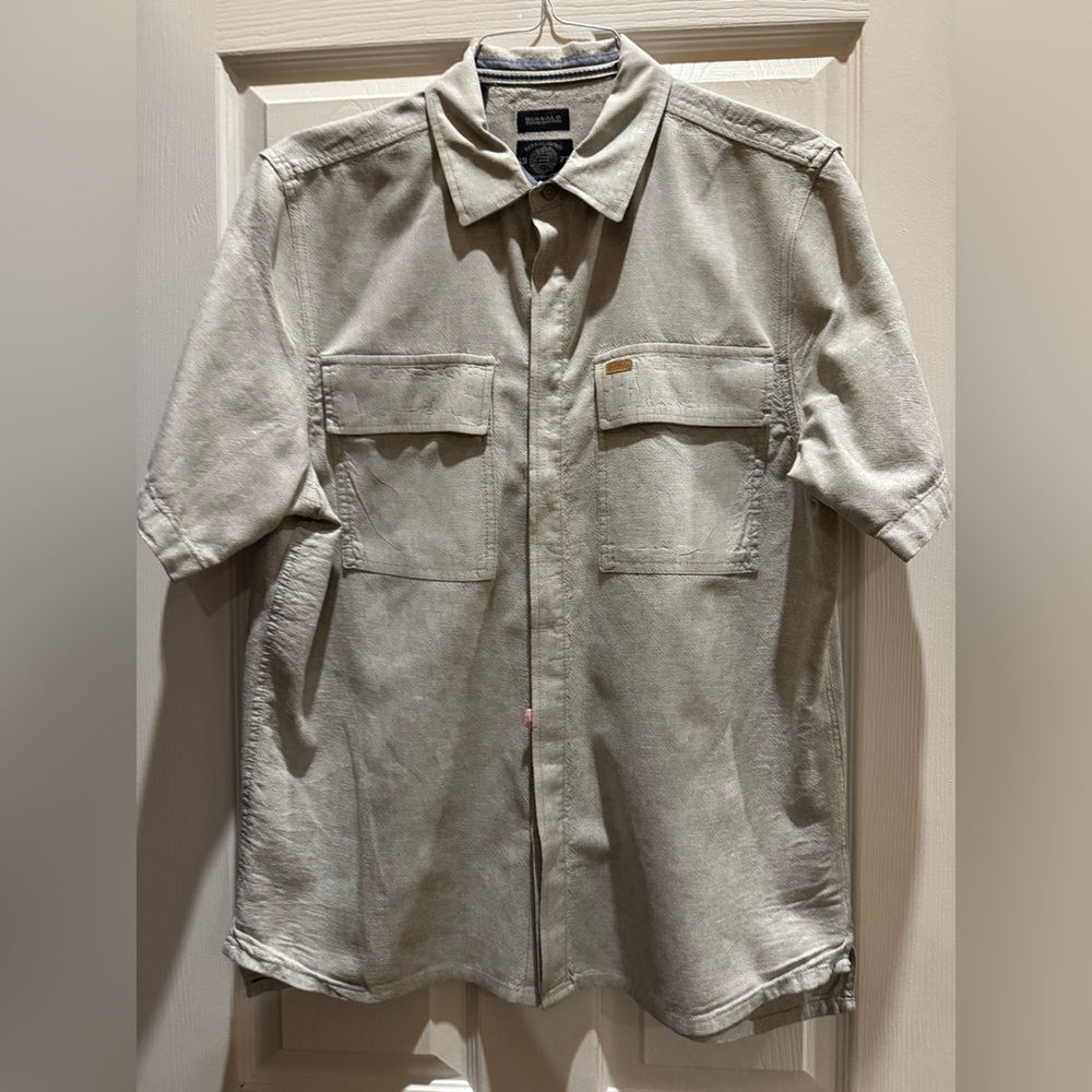 Buffalo David Bitton:Grey Men Short Sleeve Linen & Cotton Blend Shirt Large